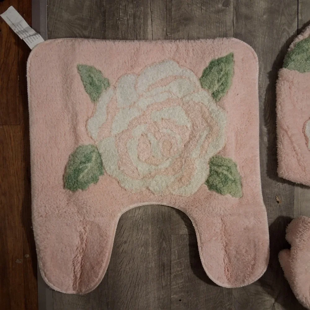 Vintage 90s NOS Grannycore Pink Floral Bathroom Mat Cover Set NEW